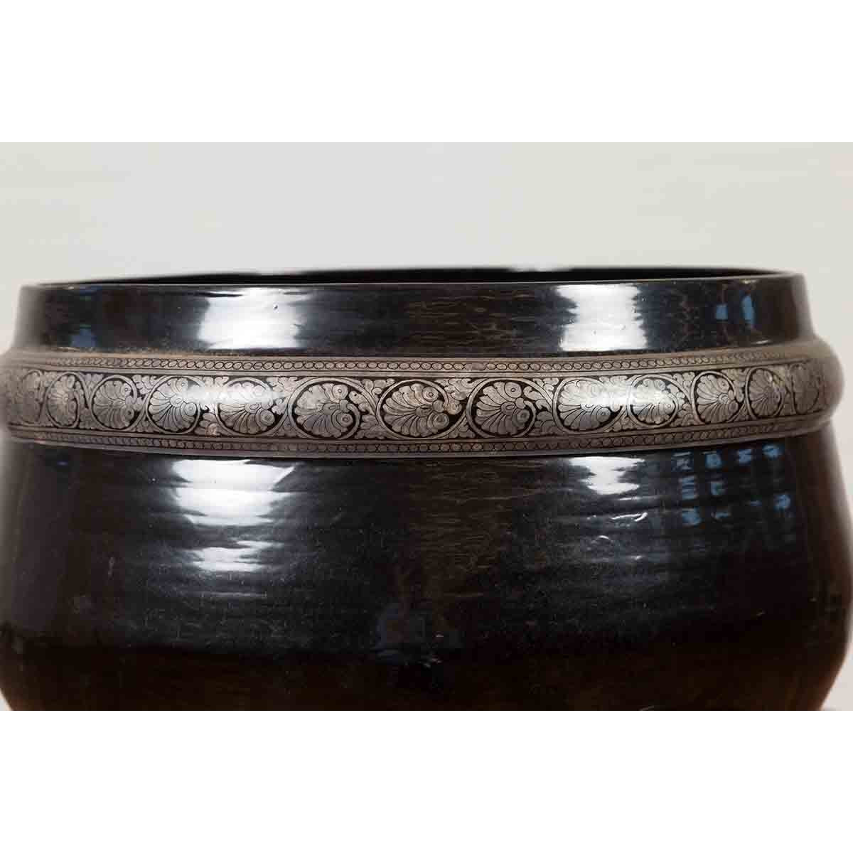 Burmese Vintage Black Lacquer Bowl with Silver Toned Frieze of Palmettes-8. Asian & Chinese Furniture, Art, Antiques, Vintage Home Décor for sale at FEA Home