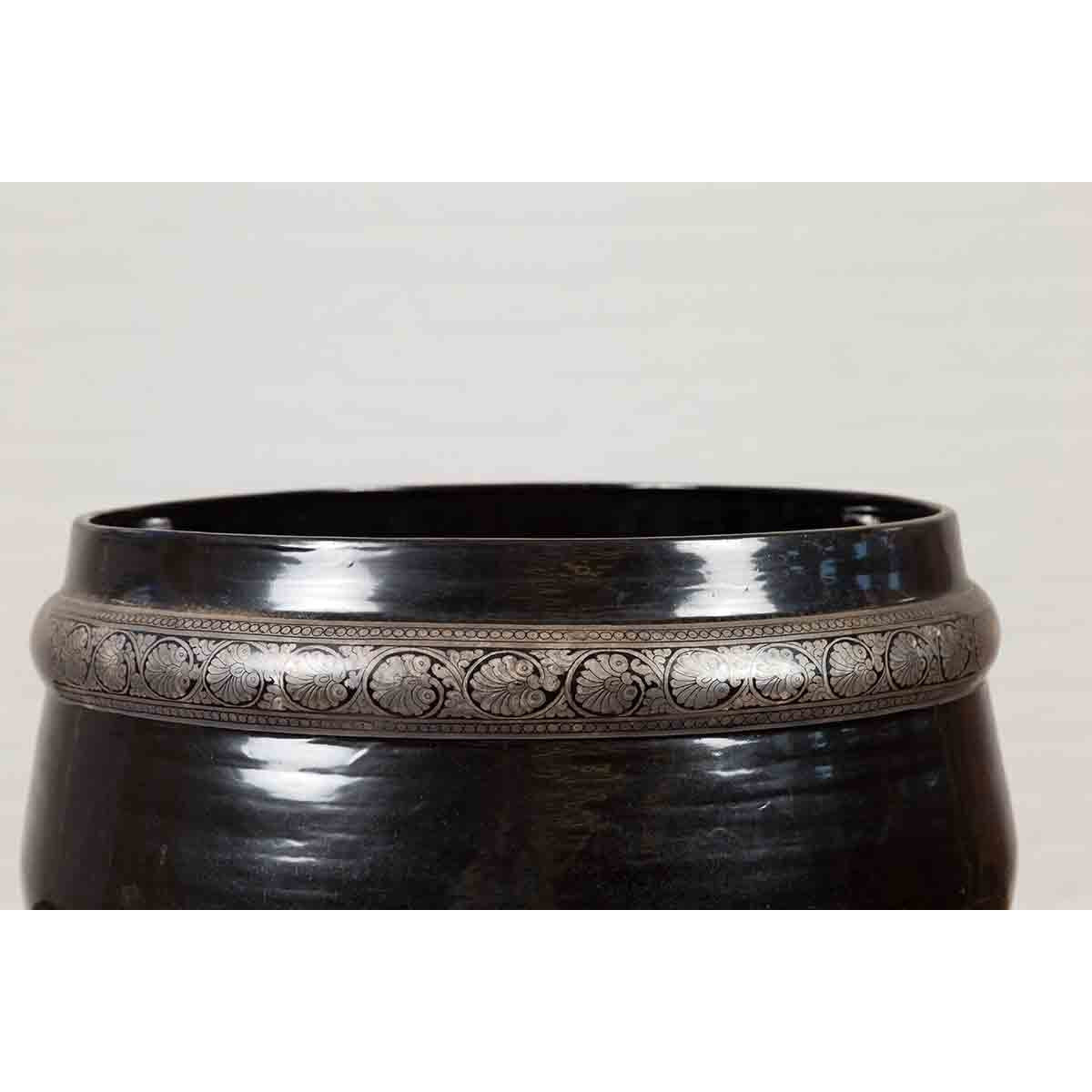 Burmese Vintage Black Lacquer Bowl with Silver Toned Frieze of Palmettes-9. Asian & Chinese Furniture, Art, Antiques, Vintage Home Décor for sale at FEA Home