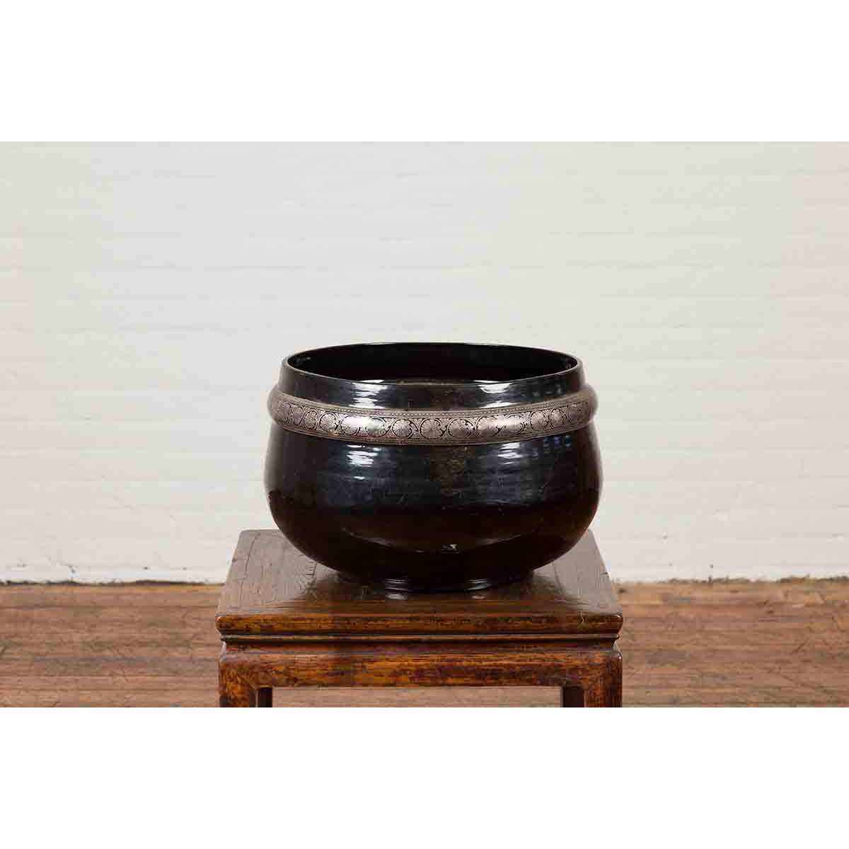 Burmese Vintage Black Lacquer Bowl with Silver Toned Frieze of Palmettes-4. Asian & Chinese Furniture, Art, Antiques, Vintage Home Décor for sale at FEA Home
