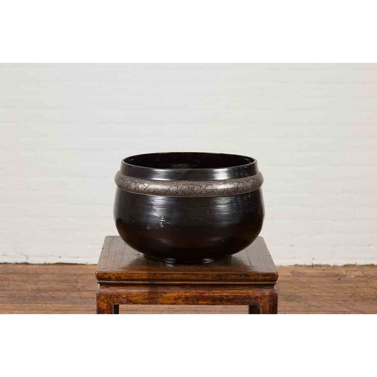 Burmese Vintage Black Lacquer Bowl with Silver Toned Frieze of Palmettes-6. Asian & Chinese Furniture, Art, Antiques, Vintage Home Décor for sale at FEA Home