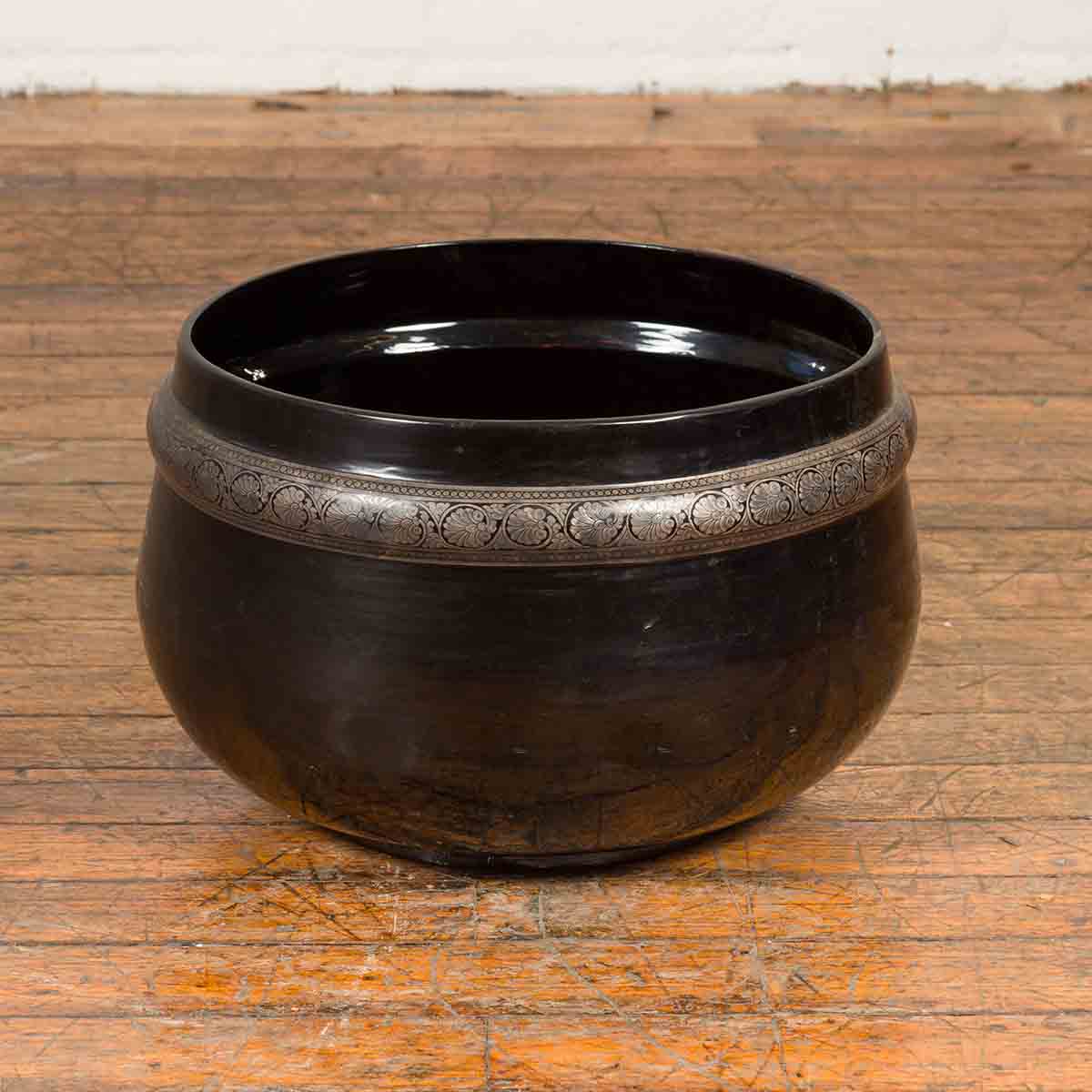Burmese Vintage Black Lacquer Bowl with Silver Toned Frieze of Palmettes-2. Asian & Chinese Furniture, Art, Antiques, Vintage Home Décor for sale at FEA Home