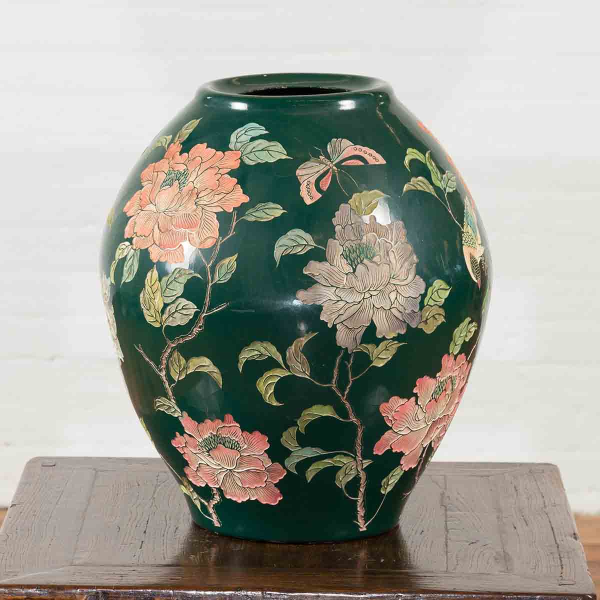 Vintage Chinese Handcrafted Green Vase with Incised Floral and Butterfly Decor