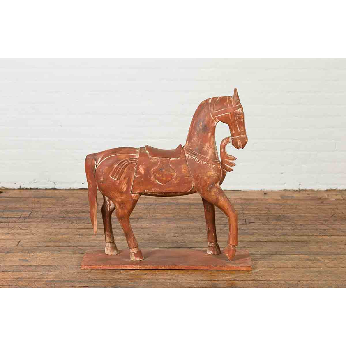 Antique Indian Carved and Painted Wooden Mogul Horse on Rectangular Base-4. Asian & Chinese Furniture, Art, Antiques, Vintage Home Décor for sale at FEA Home