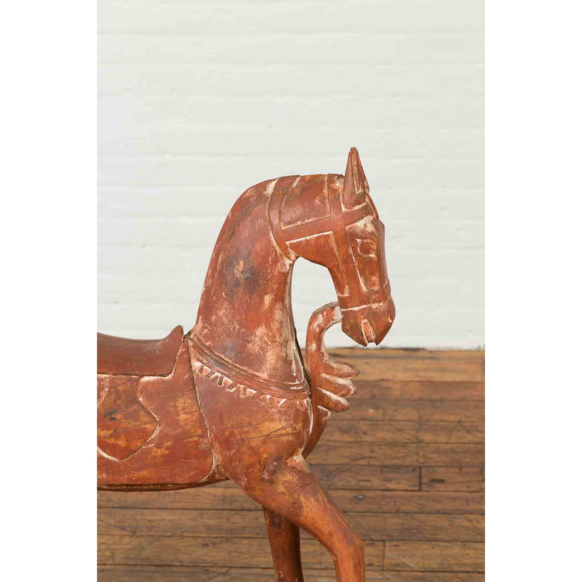 Antique Indian Carved and Painted Wooden Mogul Horse on Rectangular Base-5. Asian & Chinese Furniture, Art, Antiques, Vintage Home Décor for sale at FEA Home