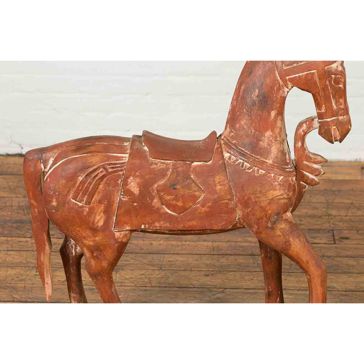 Antique Indian Carved and Painted Wooden Mogul Horse on Rectangular Base-6. Asian & Chinese Furniture, Art, Antiques, Vintage Home Décor for sale at FEA Home