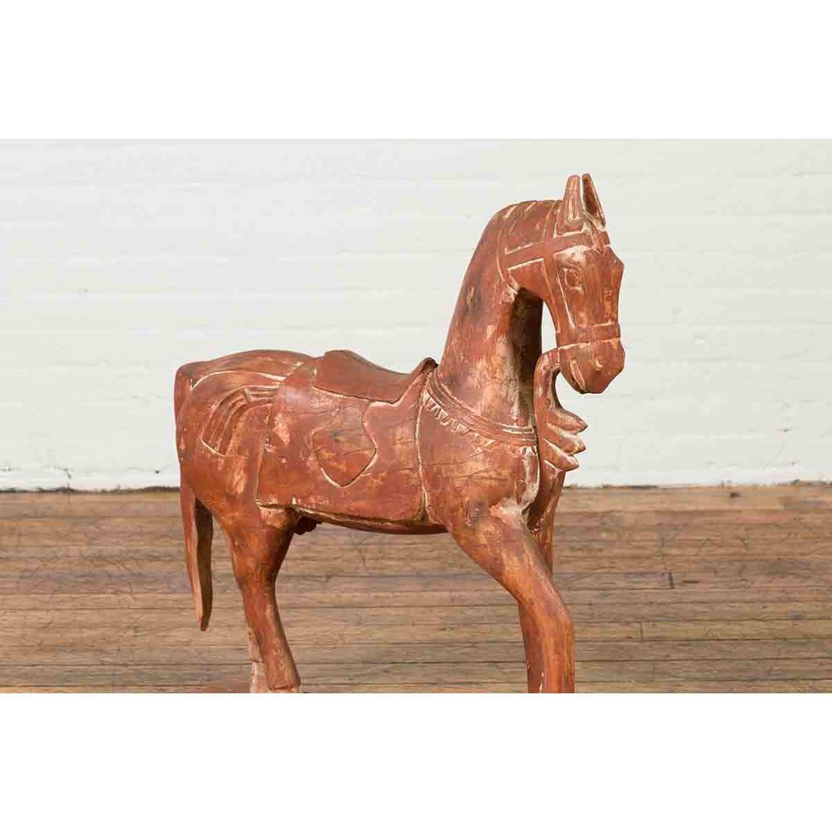 Antique Indian Carved and Painted Wooden Mogul Horse on Rectangular Base-9. Asian & Chinese Furniture, Art, Antiques, Vintage Home Décor for sale at FEA Home