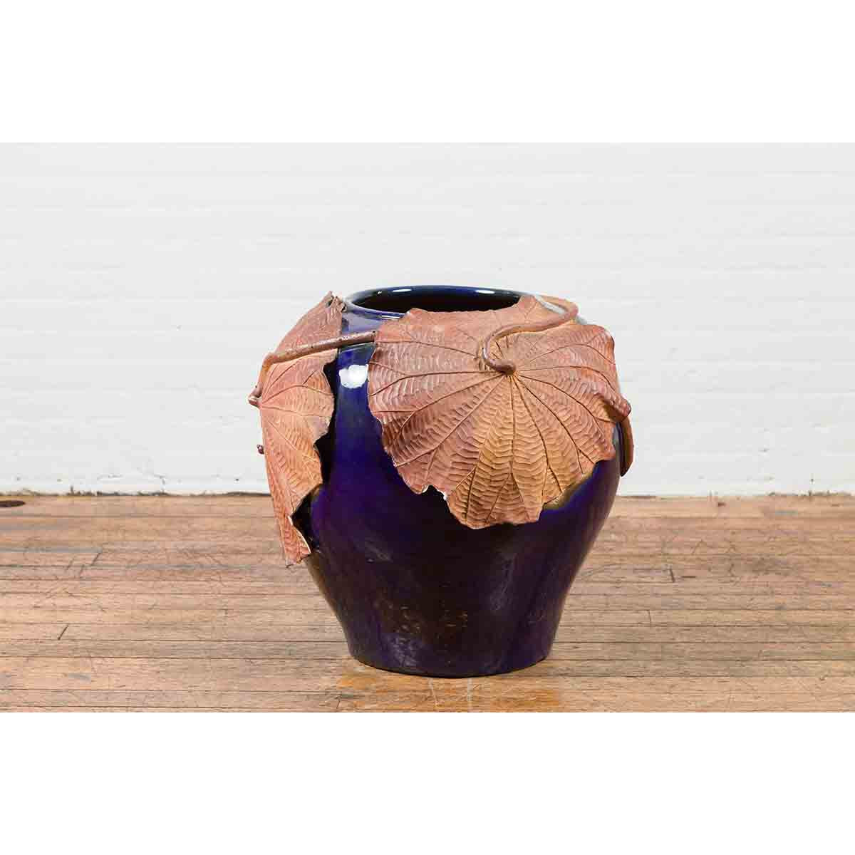 Large Thai 20th Century Cobalt Blue Planter with Raised Palm Leaf Motifs-5. Asian & Chinese Furniture, Art, Antiques, Vintage Home Décor for sale at FEA Home
