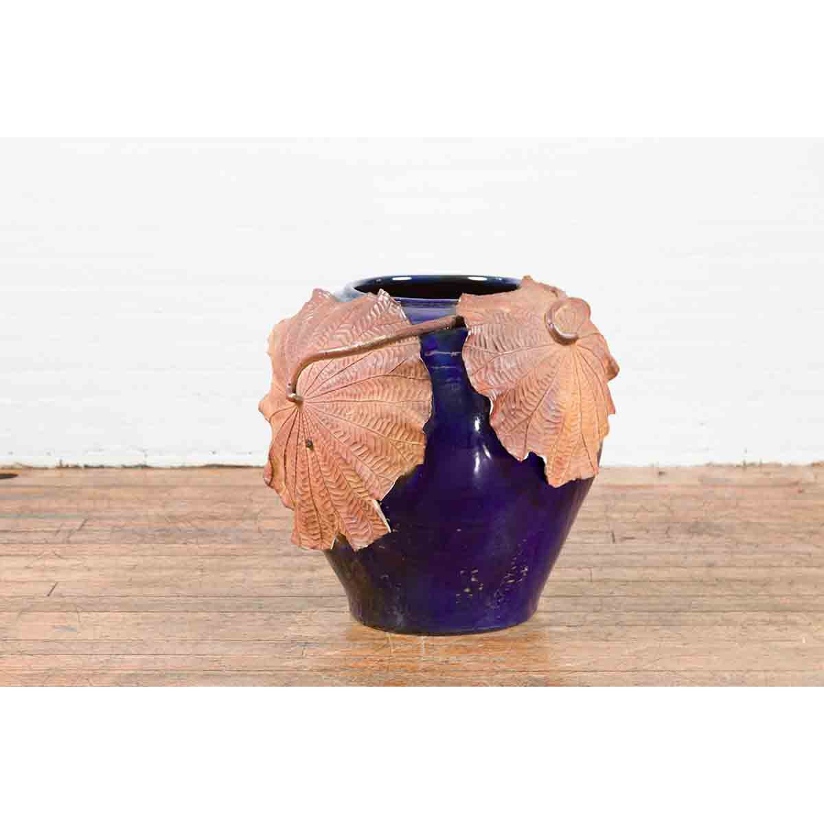 Large Thai 20th Century Cobalt Blue Planter with Raised Palm Leaf Motifs-4. Asian & Chinese Furniture, Art, Antiques, Vintage Home Décor for sale at FEA Home
