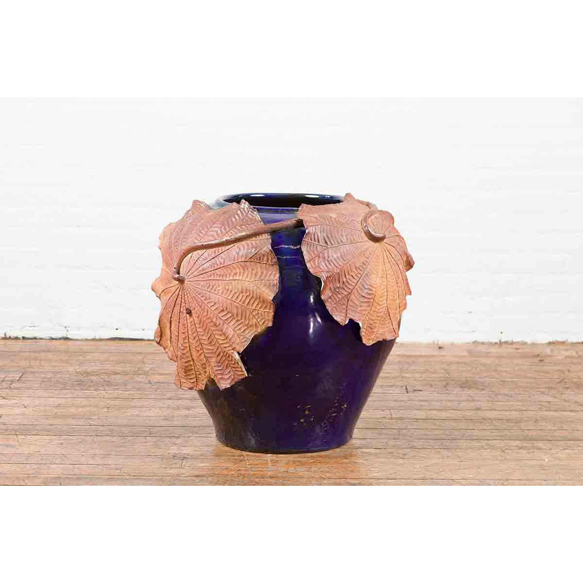 Large Thai 20th Century Cobalt Blue Planter with Raised Palm Leaf Motifs-6. Asian & Chinese Furniture, Art, Antiques, Vintage Home Décor for sale at FEA Home