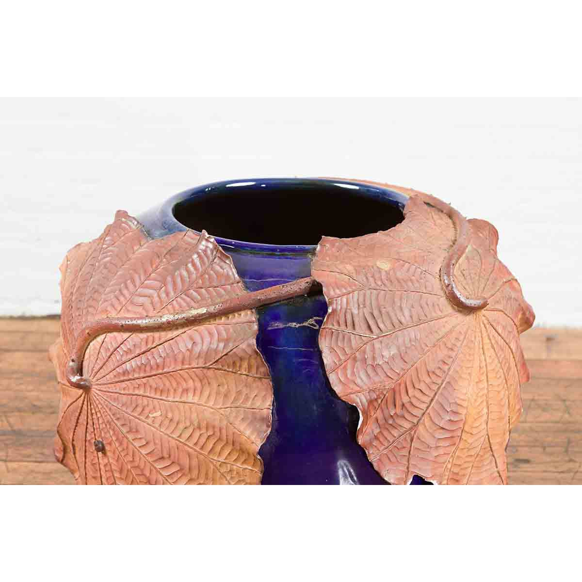 Large Thai 20th Century Cobalt Blue Planter with Raised Palm Leaf Motifs-7. Asian & Chinese Furniture, Art, Antiques, Vintage Home Décor for sale at FEA Home