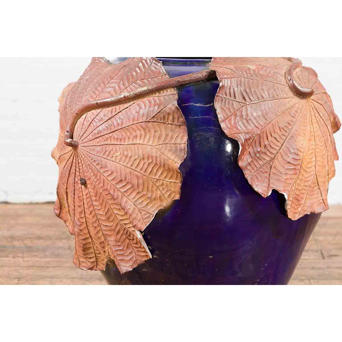 Large Thai 20th Century Cobalt Blue Planter with Raised Palm Leaf Motifs-8. Asian & Chinese Furniture, Art, Antiques, Vintage Home Décor for sale at FEA Home