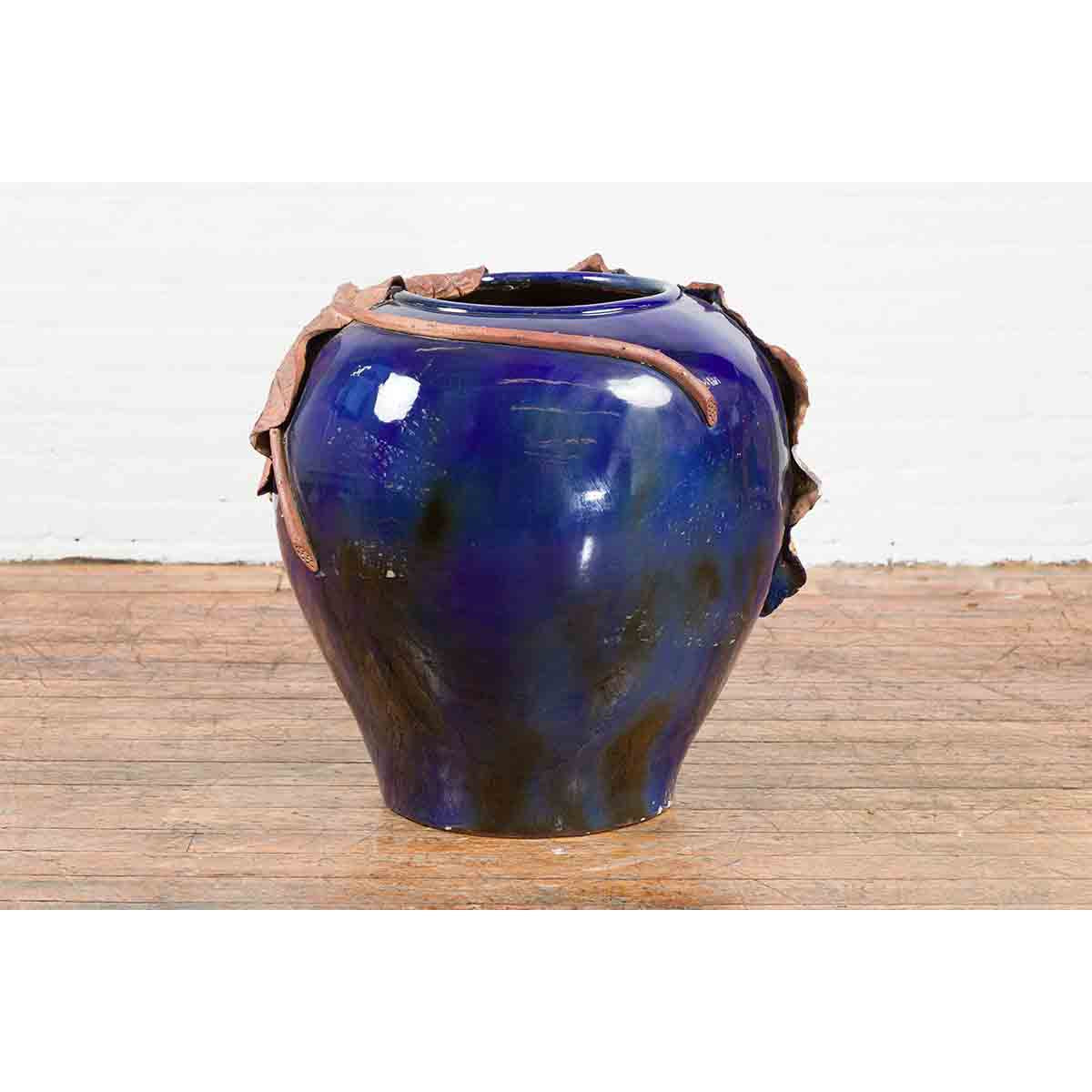 Large Thai 20th Century Cobalt Blue Planter with Raised Palm Leaf Motifs-10. Asian & Chinese Furniture, Art, Antiques, Vintage Home Décor for sale at FEA Home