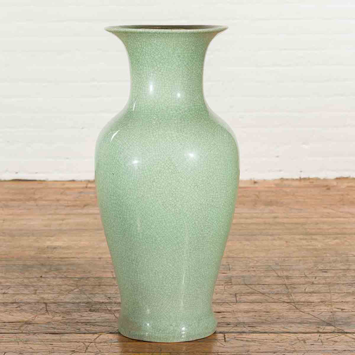 Chinese Vintage Altar Vase with Crackle Celadon Finish and Flaring Neck-8. Asian & Chinese Furniture, Art, Antiques, Vintage Home Décor for sale at FEA Home