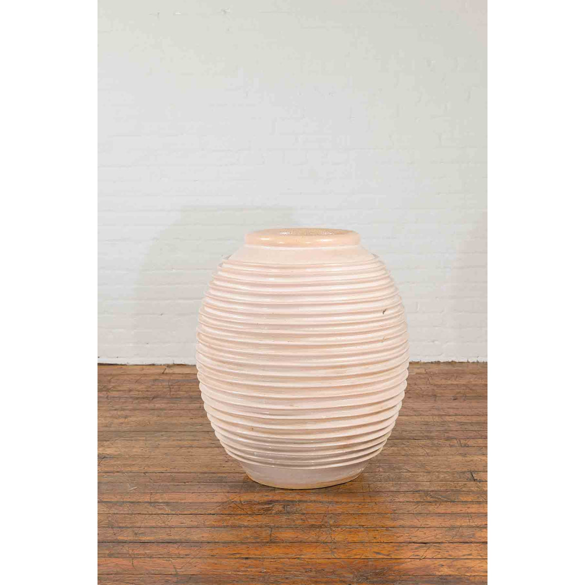 Large Thai Cream Toned Vase with Graduated Lines Décor and Light Pink Undertone-4. Asian & Chinese Furniture, Art, Antiques, Vintage Home Décor for sale at FEA Home