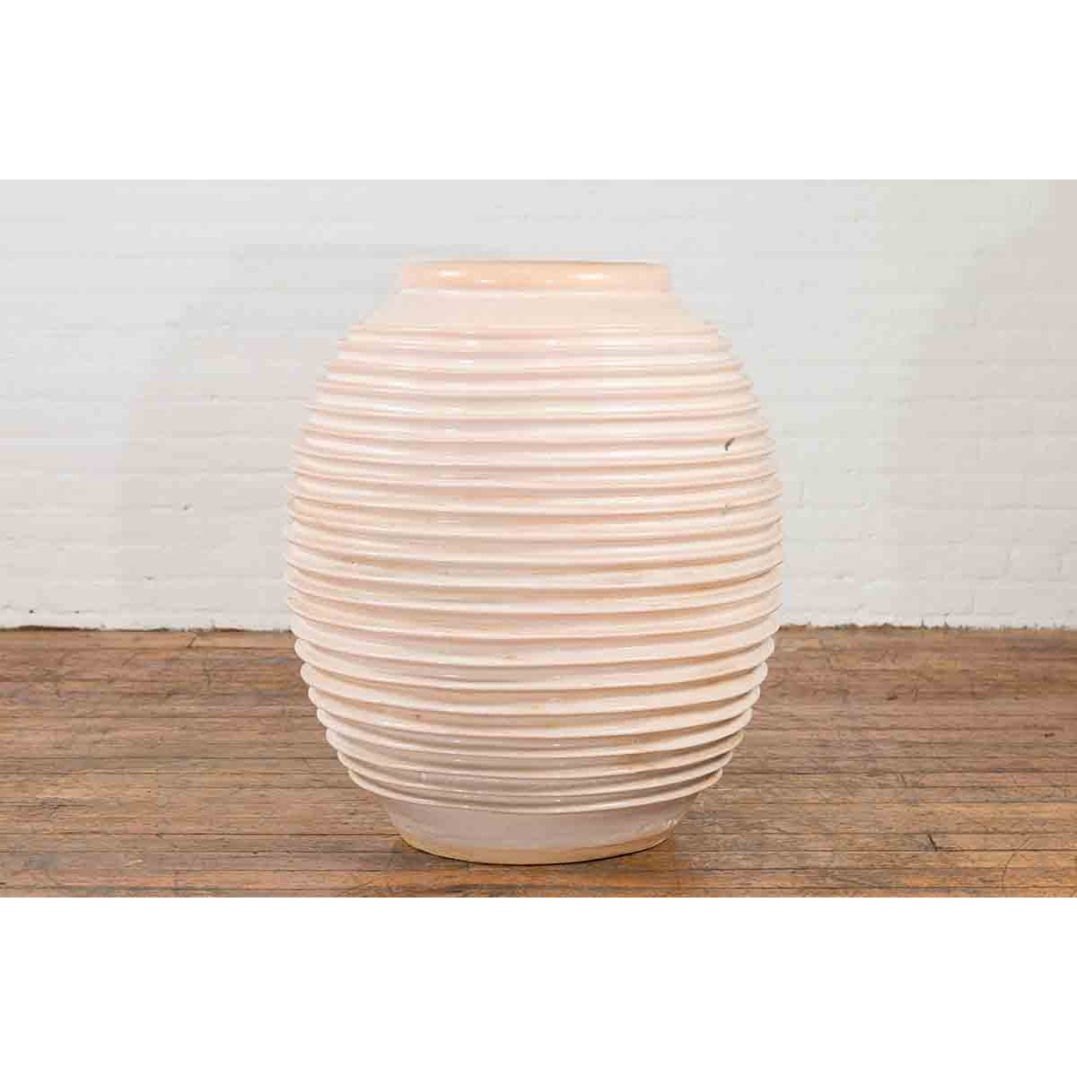 Large Thai Cream Toned Vase with Graduated Lines Décor and Light Pink Undertone-5. Asian & Chinese Furniture, Art, Antiques, Vintage Home Décor for sale at FEA Home