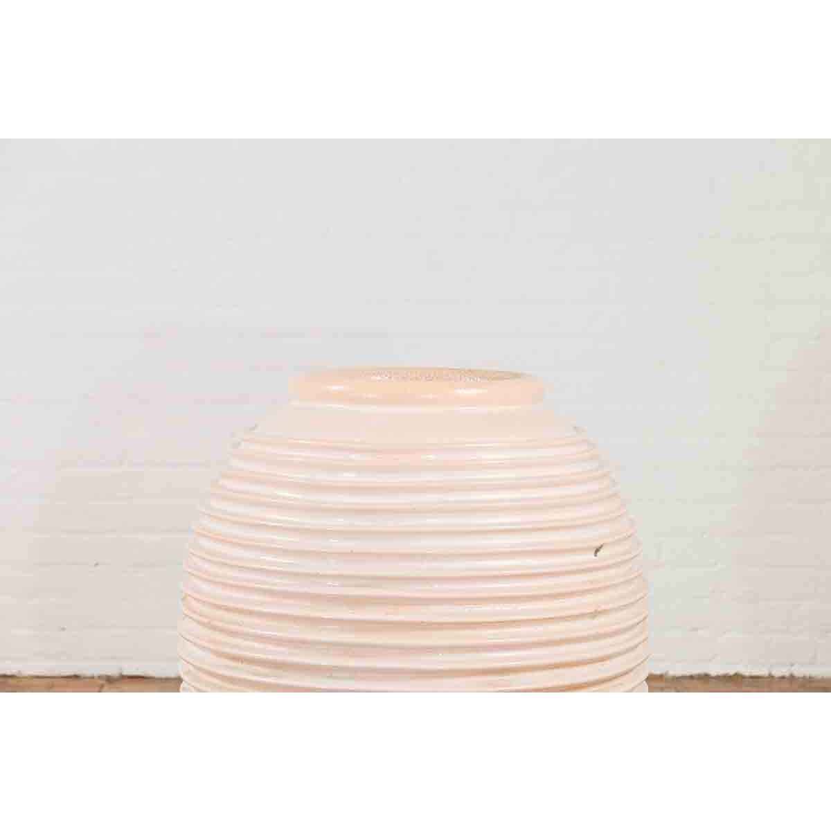 Large Thai Cream Toned Vase with Graduated Lines Décor and Light Pink Undertone-6. Asian & Chinese Furniture, Art, Antiques, Vintage Home Décor for sale at FEA Home