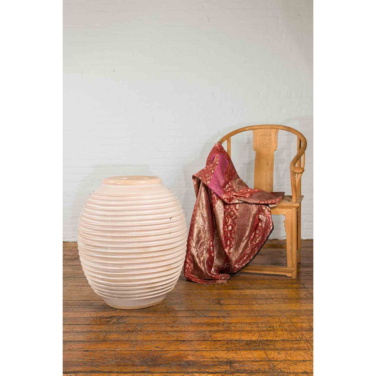 Large Thai Cream Toned Vase with Graduated Lines Décor and Light Pink Undertone-3. Asian & Chinese Furniture, Art, Antiques, Vintage Home Décor for sale at FEA Home