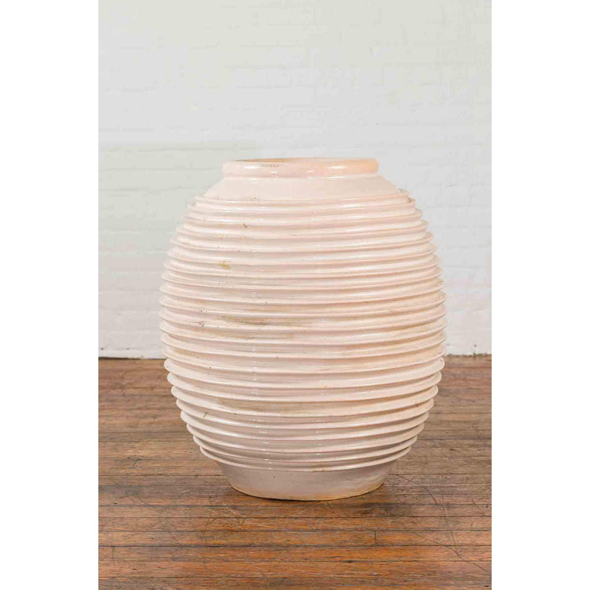 Large Thai Cream Toned Vase with Graduated Lines Décor and Light Pink Undertone-7. Asian & Chinese Furniture, Art, Antiques, Vintage Home Décor for sale at FEA Home