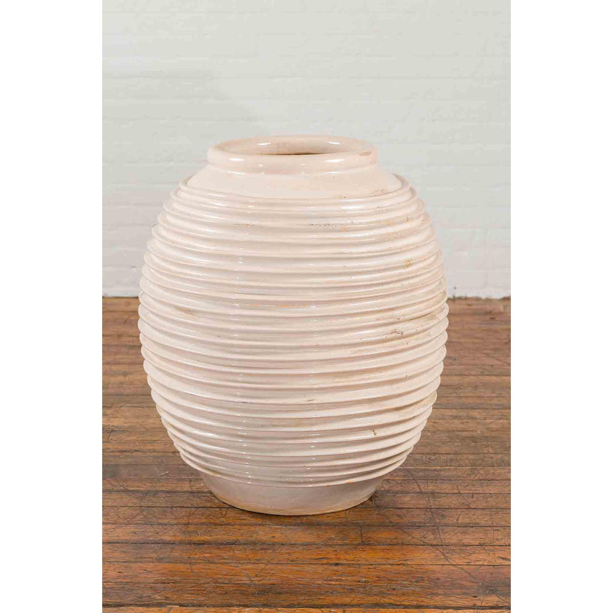 Large Thai Cream Toned Vase with Graduated Lines Décor and Light Pink Undertone-8. Asian & Chinese Furniture, Art, Antiques, Vintage Home Décor for sale at FEA Home