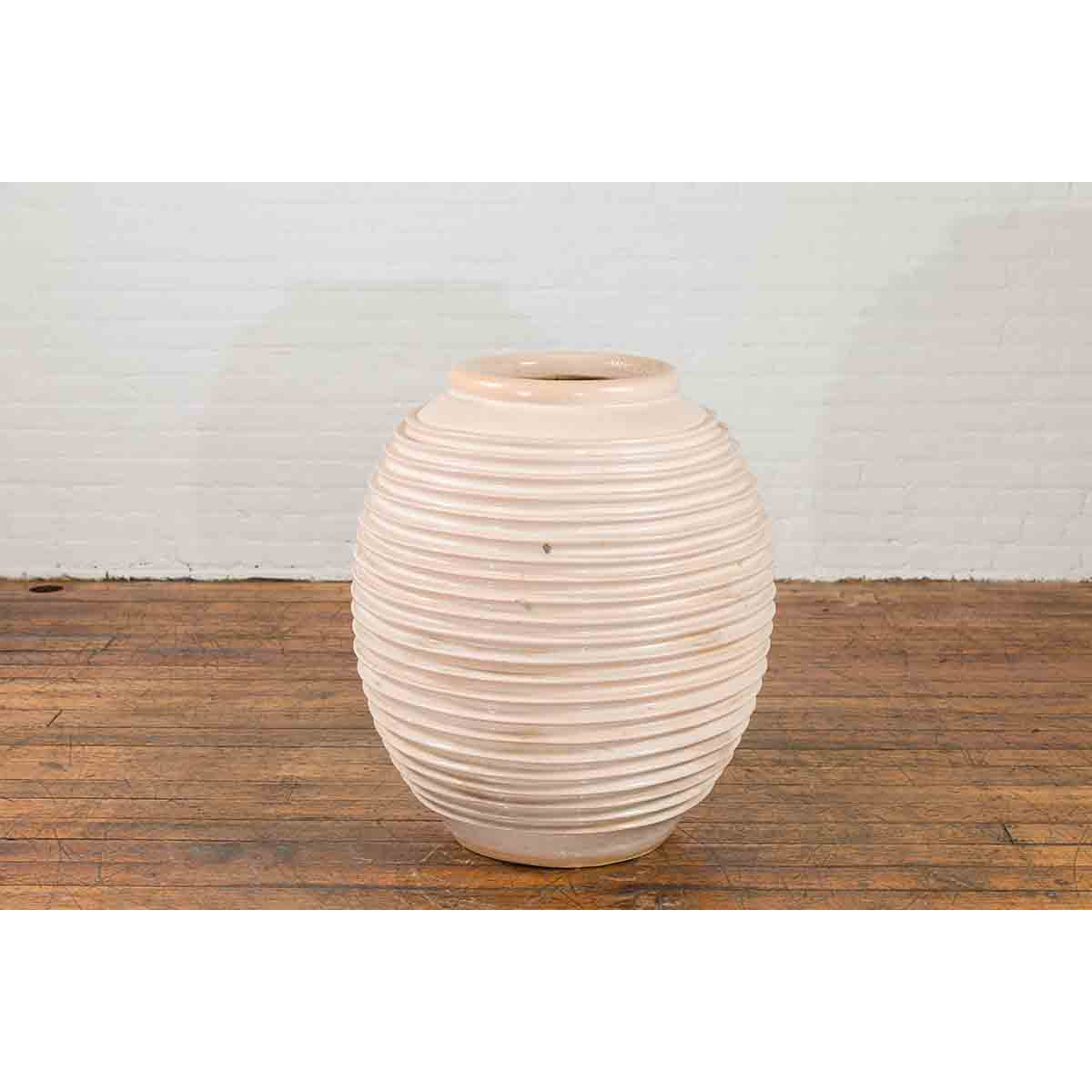 Large Thai Cream Toned Vase with Graduated Lines Décor and Light Pink Undertone-9. Asian & Chinese Furniture, Art, Antiques, Vintage Home Décor for sale at FEA Home