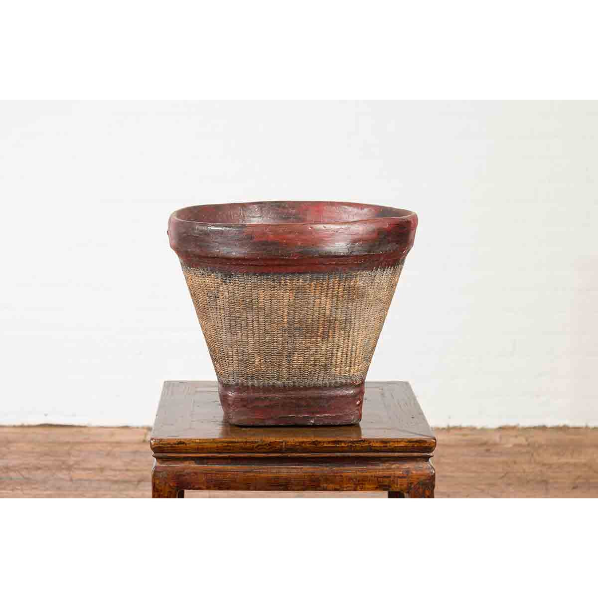 Thai 19th Century Rustic Hand-Woven Rattan Rice Basket with Red Rim-4. Asian & Chinese Furniture, Art, Antiques, Vintage Home Décor for sale at FEA Home