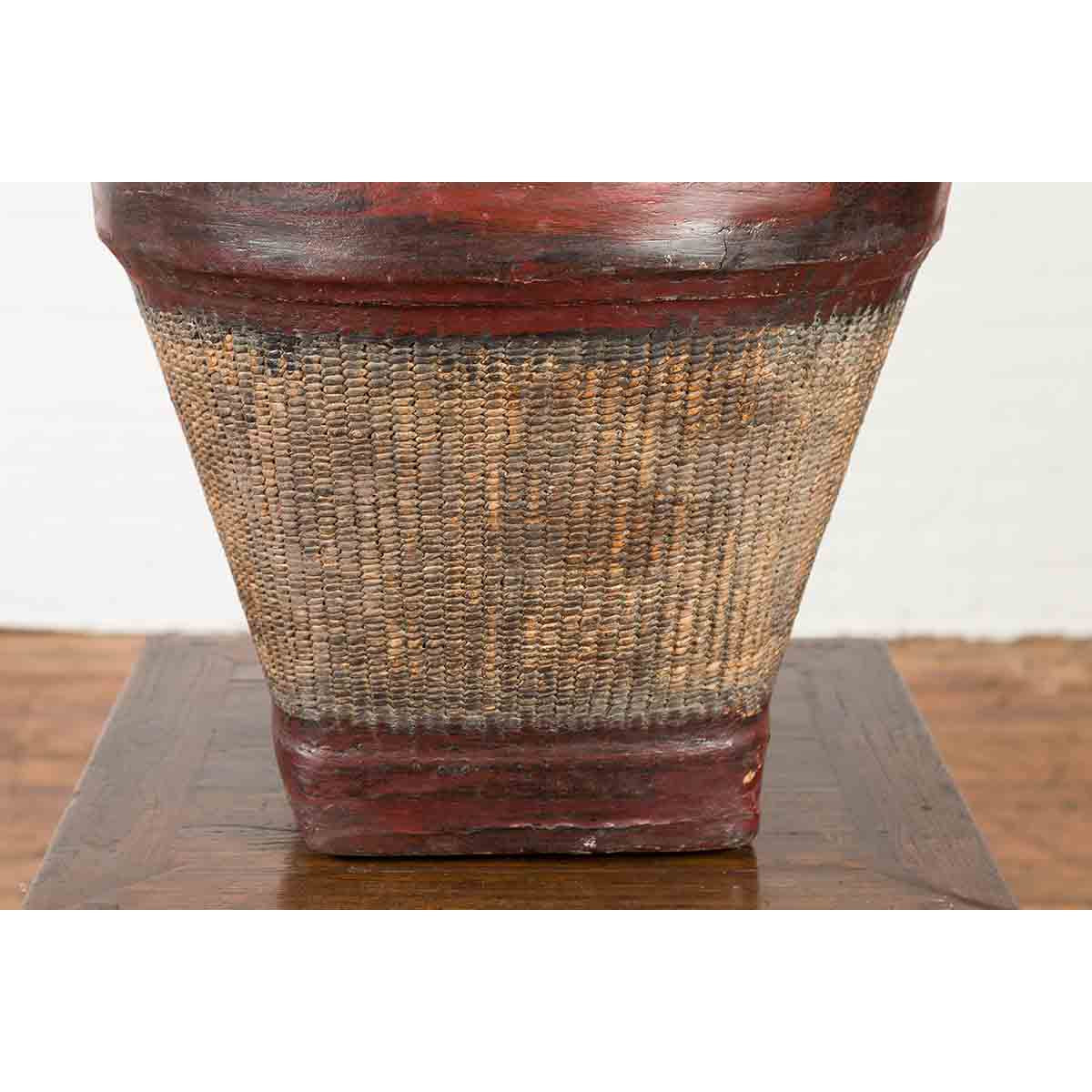 Thai 19th Century Rustic Hand-Woven Rattan Rice Basket with Red Rim-6. Asian & Chinese Furniture, Art, Antiques, Vintage Home Décor for sale at FEA Home