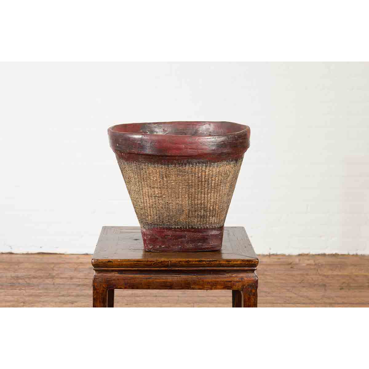 Thai 19th Century Rustic Hand-Woven Rattan Rice Basket with Red Rim-7. Asian & Chinese Furniture, Art, Antiques, Vintage Home Décor for sale at FEA Home