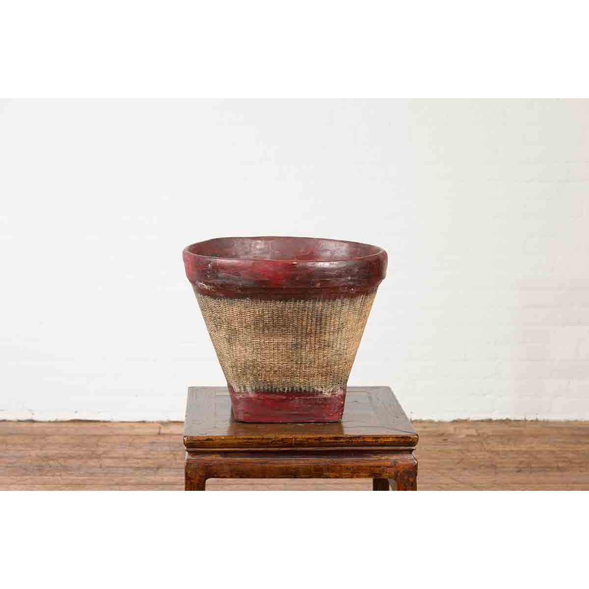Thai 19th Century Rustic Hand-Woven Rattan Rice Basket with Red Rim-8. Asian & Chinese Furniture, Art, Antiques, Vintage Home Décor for sale at FEA Home