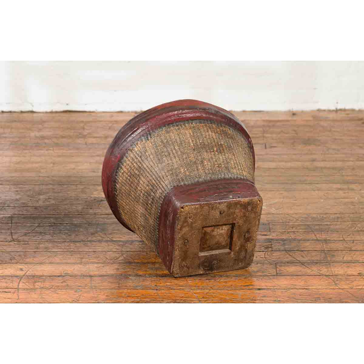Thai 19th Century Rustic Hand-Woven Rattan Rice Basket with Red Rim-10. Asian & Chinese Furniture, Art, Antiques, Vintage Home Décor for sale at FEA Home