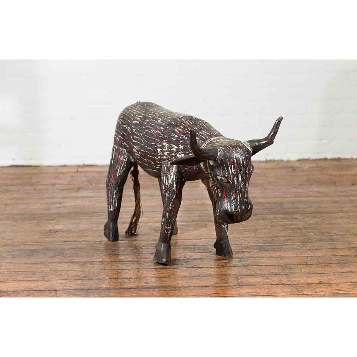 Indian Early 20th Century Hand Painted Wooden Cow with Distressed Patina-4. Asian & Chinese Furniture, Art, Antiques, Vintage Home Décor for sale at FEA Home