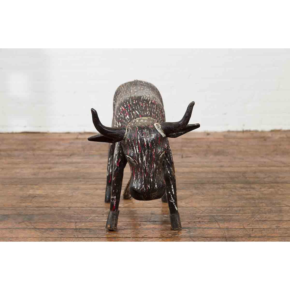 Indian Early 20th Century Hand Painted Wooden Cow with Distressed Patina-5. Asian & Chinese Furniture, Art, Antiques, Vintage Home Décor for sale at FEA Home