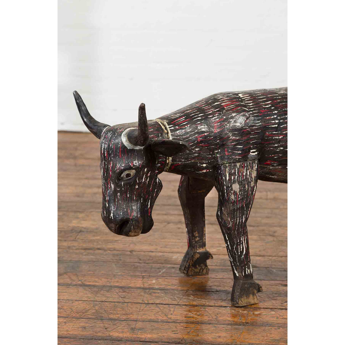 Indian Early 20th Century Hand Painted Wooden Cow with Distressed Patina-6. Asian & Chinese Furniture, Art, Antiques, Vintage Home Décor for sale at FEA Home