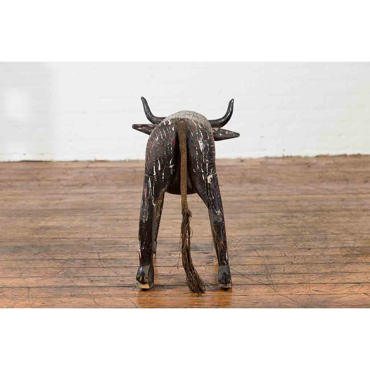 Indian Early 20th Century Hand Painted Wooden Cow with Distressed Patina-9. Asian & Chinese Furniture, Art, Antiques, Vintage Home Décor for sale at FEA Home