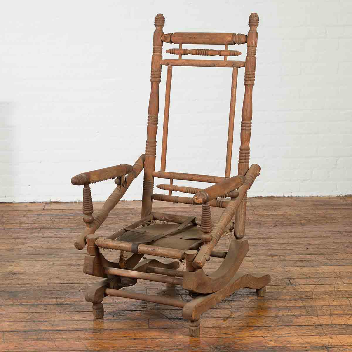 Rustic 19th Century Indian Rocking Chair with Metal Accents and Turned Supports-3. Asian & Chinese Furniture, Art, Antiques, Vintage Home Décor for sale at FEA Home