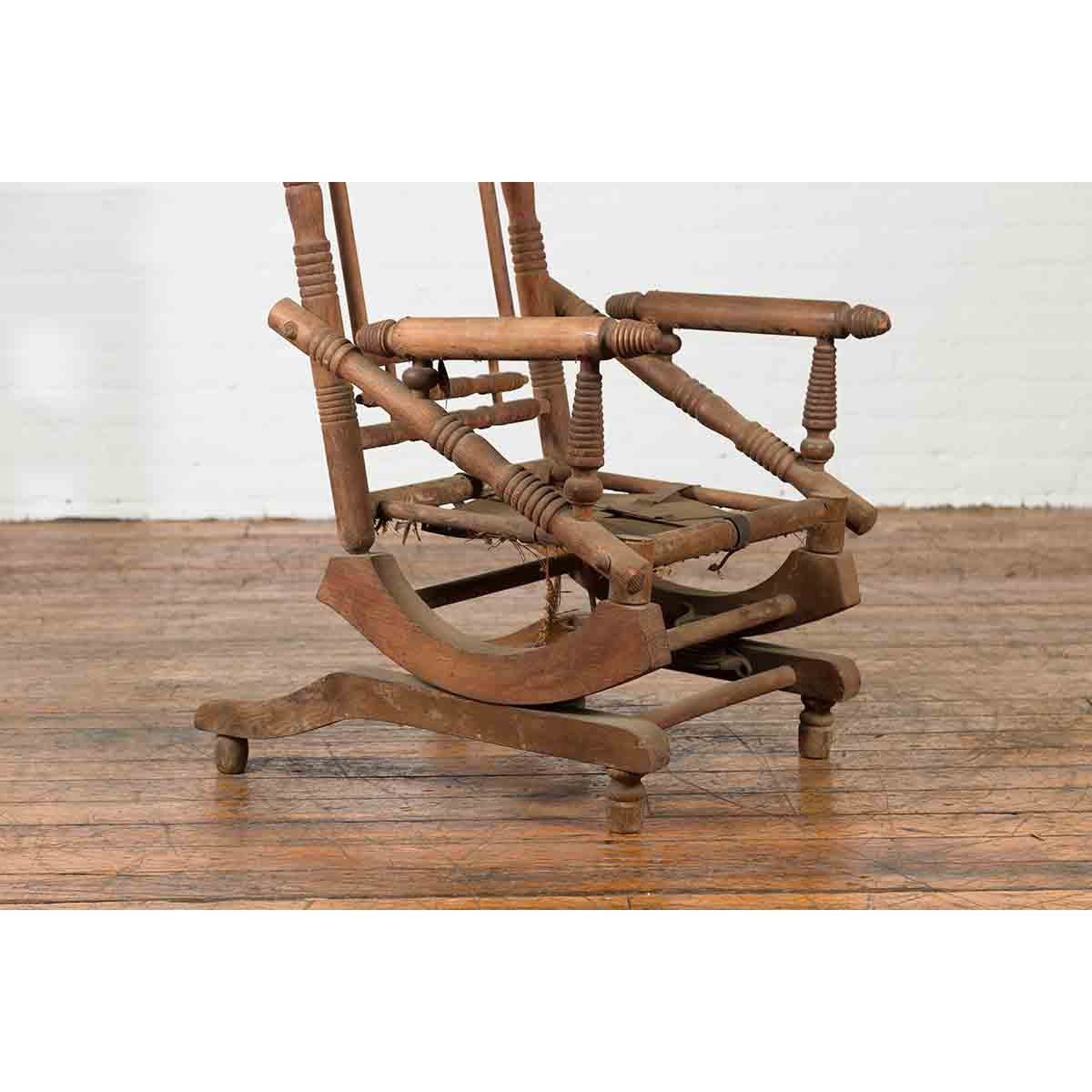 Rustic 19th Century Indian Rocking Chair with Metal Accents and Turned Supports-8. Asian & Chinese Furniture, Art, Antiques, Vintage Home Décor for sale at FEA Home
