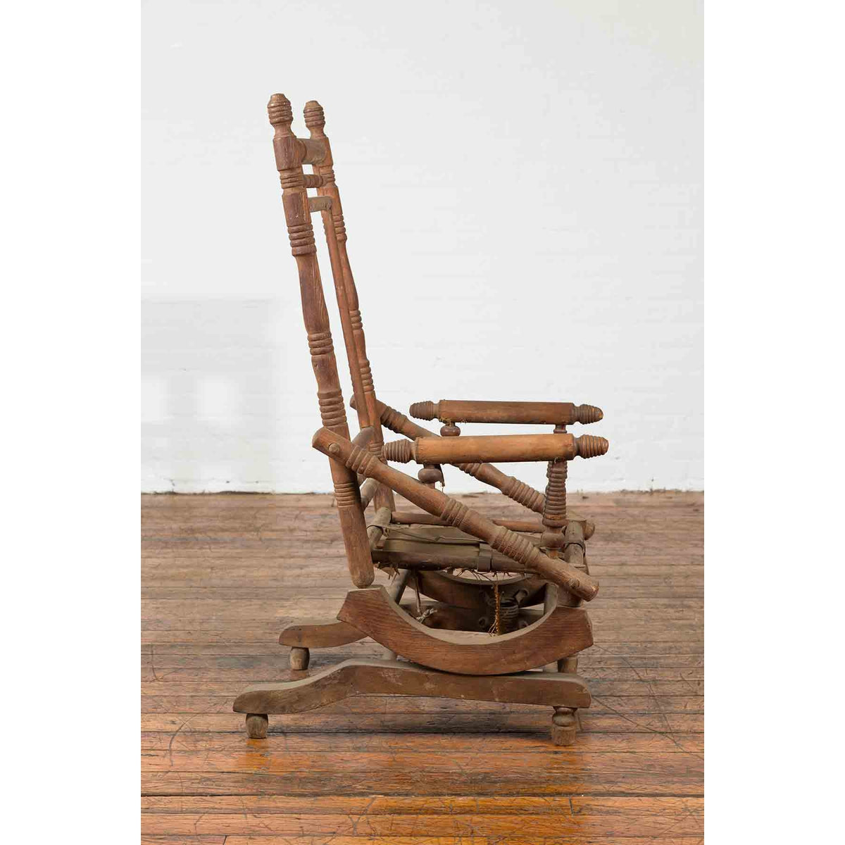 Rustic 19th Century Indian Rocking Chair with Metal Accents and Turned Supports-9. Asian & Chinese Furniture, Art, Antiques, Vintage Home Décor for sale at FEA Home