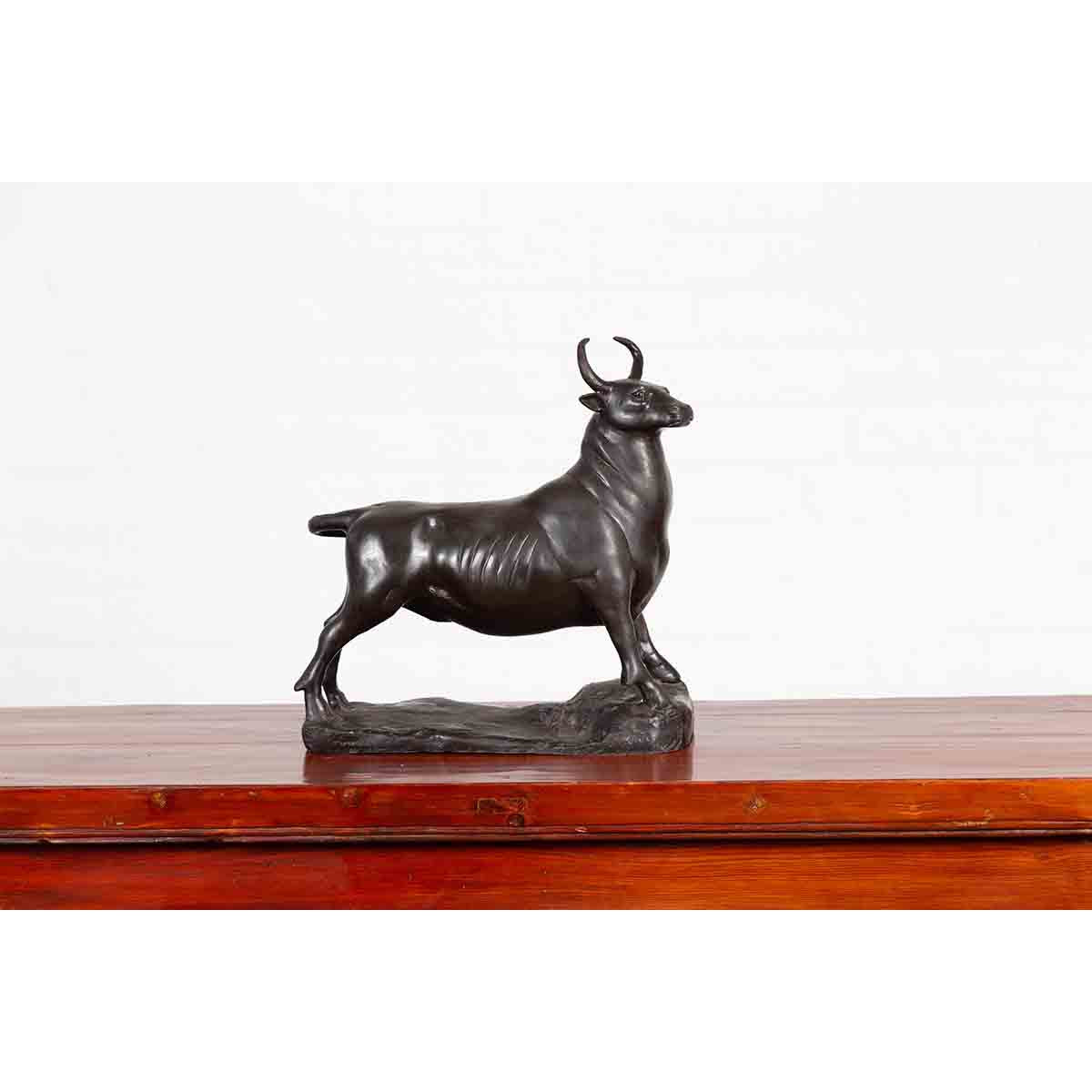 Contemporary Lost Wax Bronze Sculpture Depicting a Bull with Dark Patina-5. Asian & Chinese Furniture, Art, Antiques, Vintage Home Décor for sale at FEA Home