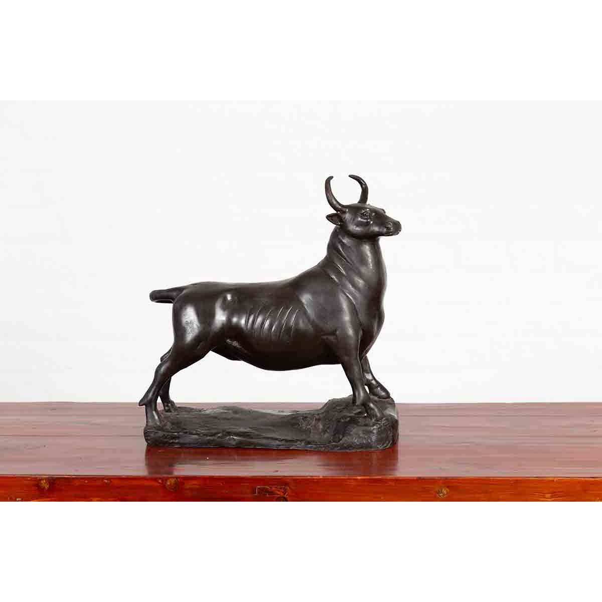 Contemporary Lost Wax Bronze Sculpture Depicting a Bull with Dark Patina-6. Asian & Chinese Furniture, Art, Antiques, Vintage Home Décor for sale at FEA Home