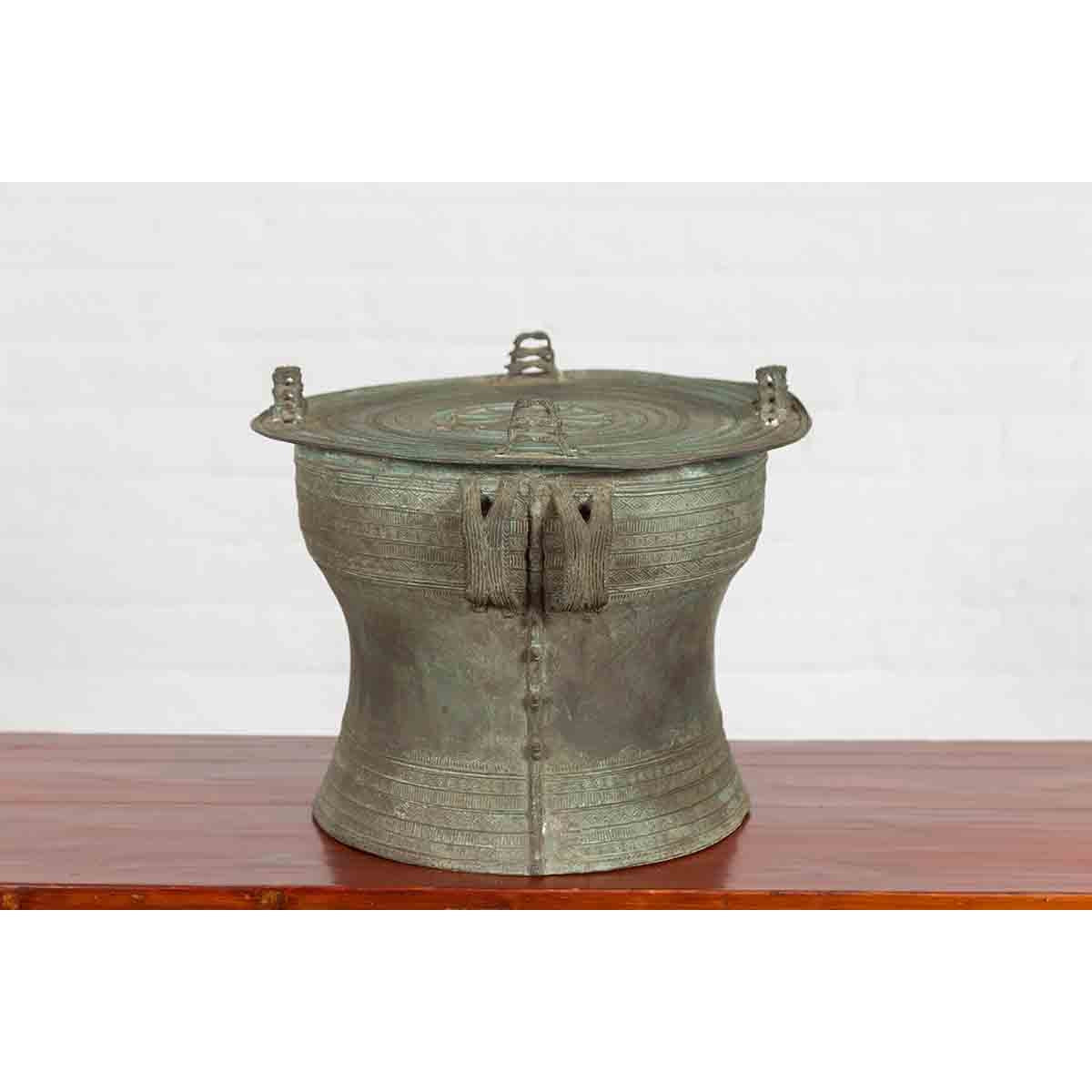Laotian Style Vintage Bronze Rain Drum with Geometric Motifs and Verde Patina-11. Asian & Chinese Furniture, Art, Antiques, Vintage Home Décor for sale at FEA Home