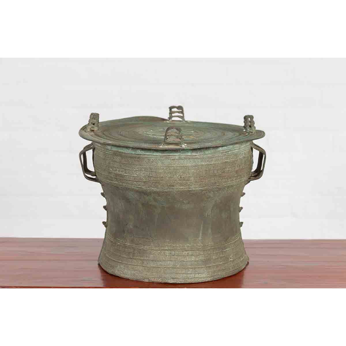 Laotian Style Vintage Bronze Rain Drum with Geometric Motifs and Verde Patina-12. Asian & Chinese Furniture, Art, Antiques, Vintage Home Décor for sale at FEA Home