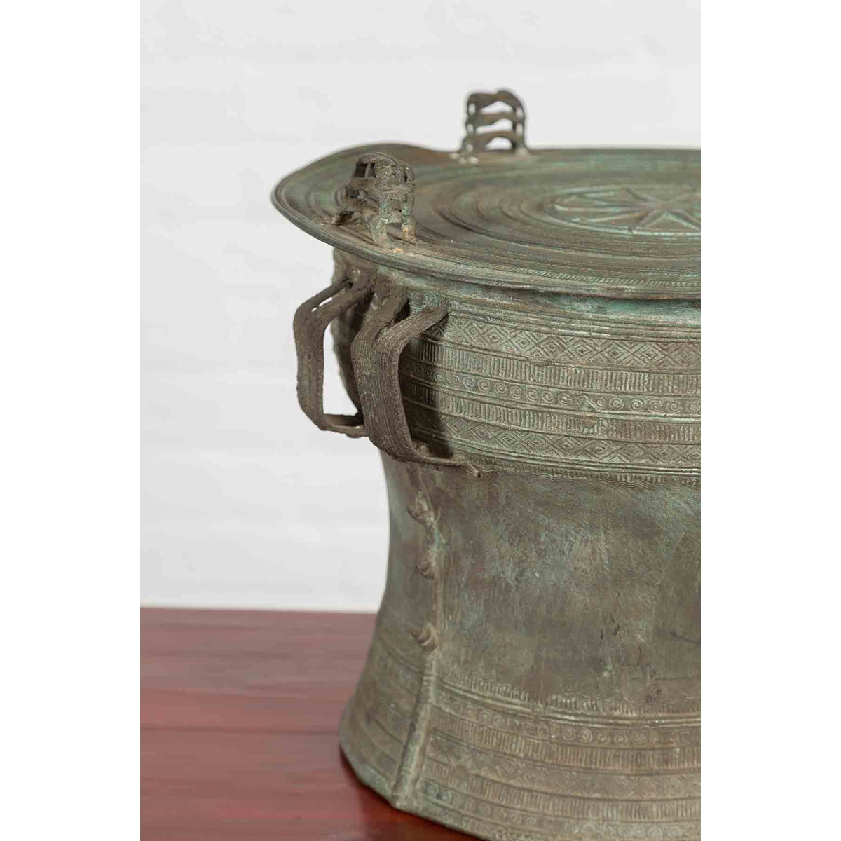 Laotian Style Vintage Bronze Rain Drum with Geometric Motifs and Verde Patina-13. Asian & Chinese Furniture, Art, Antiques, Vintage Home Décor for sale at FEA Home