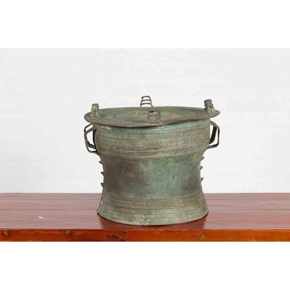 Laotian Style Vintage Bronze Rain Drum with Geometric Motifs and Verde Patina-3. Asian & Chinese Furniture, Art, Antiques, Vintage Home Décor for sale at FEA Home