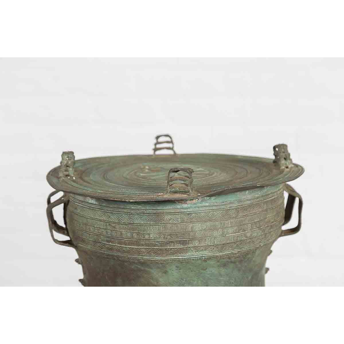 Laotian Style Vintage Bronze Rain Drum with Geometric Motifs and Verde Patina-4. Asian & Chinese Furniture, Art, Antiques, Vintage Home Décor for sale at FEA Home