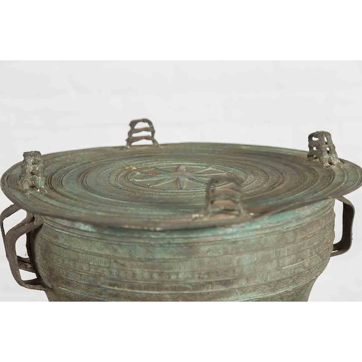 Laotian Style Vintage Bronze Rain Drum with Geometric Motifs and Verde Patina-5. Asian & Chinese Furniture, Art, Antiques, Vintage Home Décor for sale at FEA Home