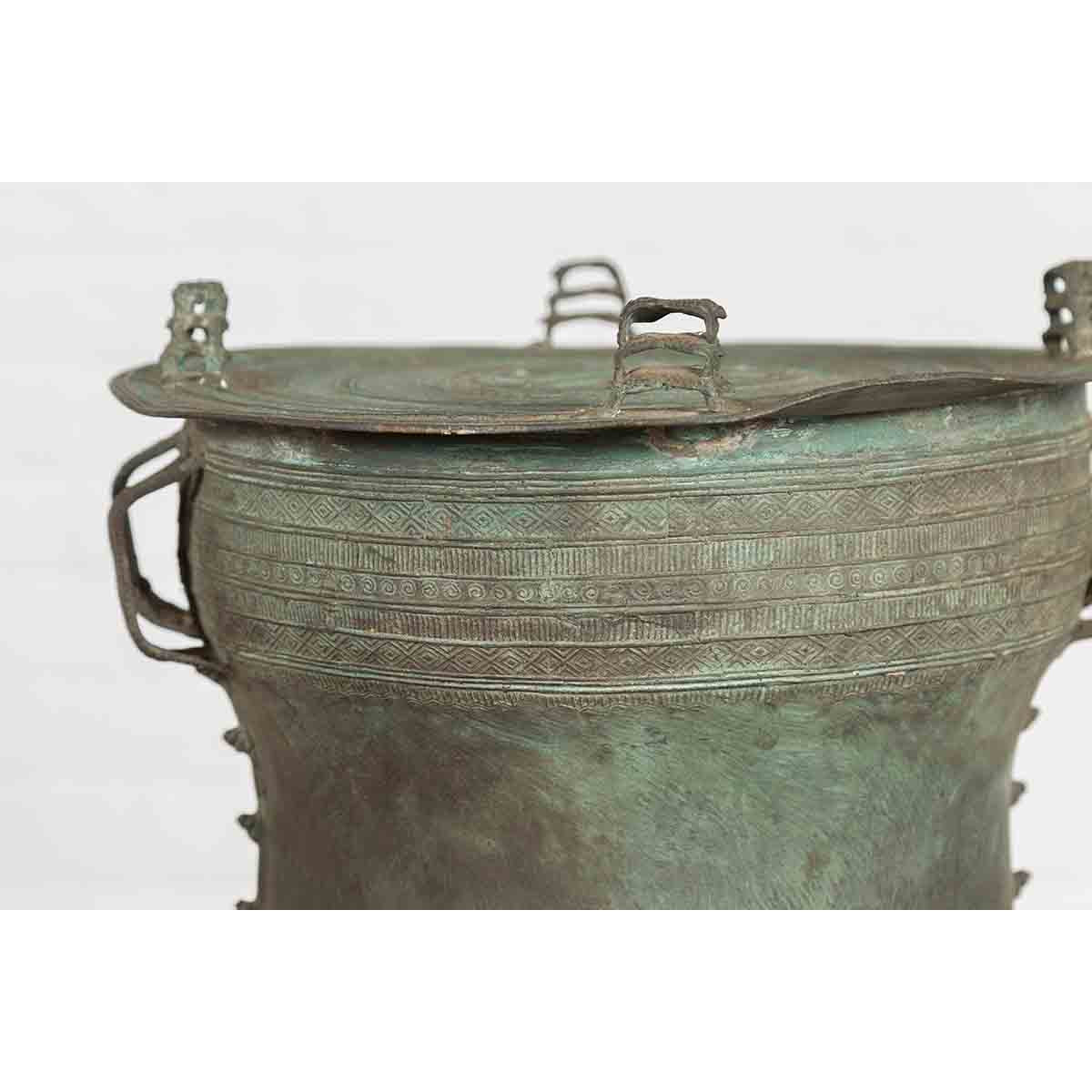 Laotian Style Vintage Bronze Rain Drum with Geometric Motifs and Verde Patina-6. Asian & Chinese Furniture, Art, Antiques, Vintage Home Décor for sale at FEA Home