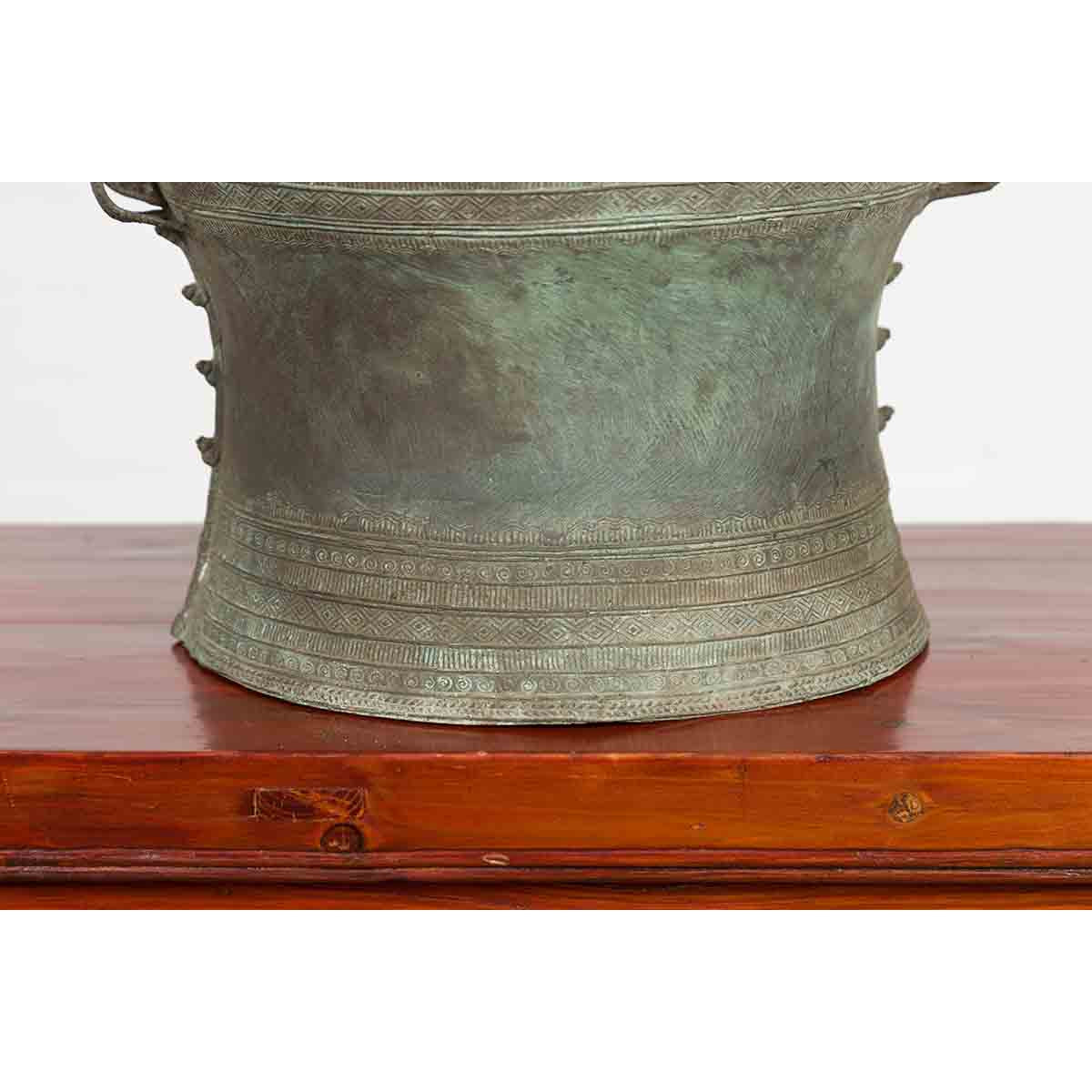 Laotian Style Vintage Bronze Rain Drum with Geometric Motifs and Verde Patina-7. Asian & Chinese Furniture, Art, Antiques, Vintage Home Décor for sale at FEA Home