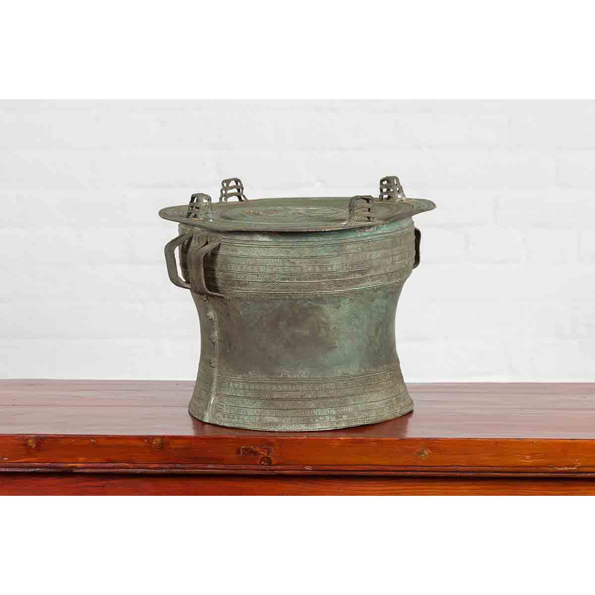 Laotian Style Vintage Bronze Rain Drum with Geometric Motifs and Verde Patina-8. Asian & Chinese Furniture, Art, Antiques, Vintage Home Décor for sale at FEA Home