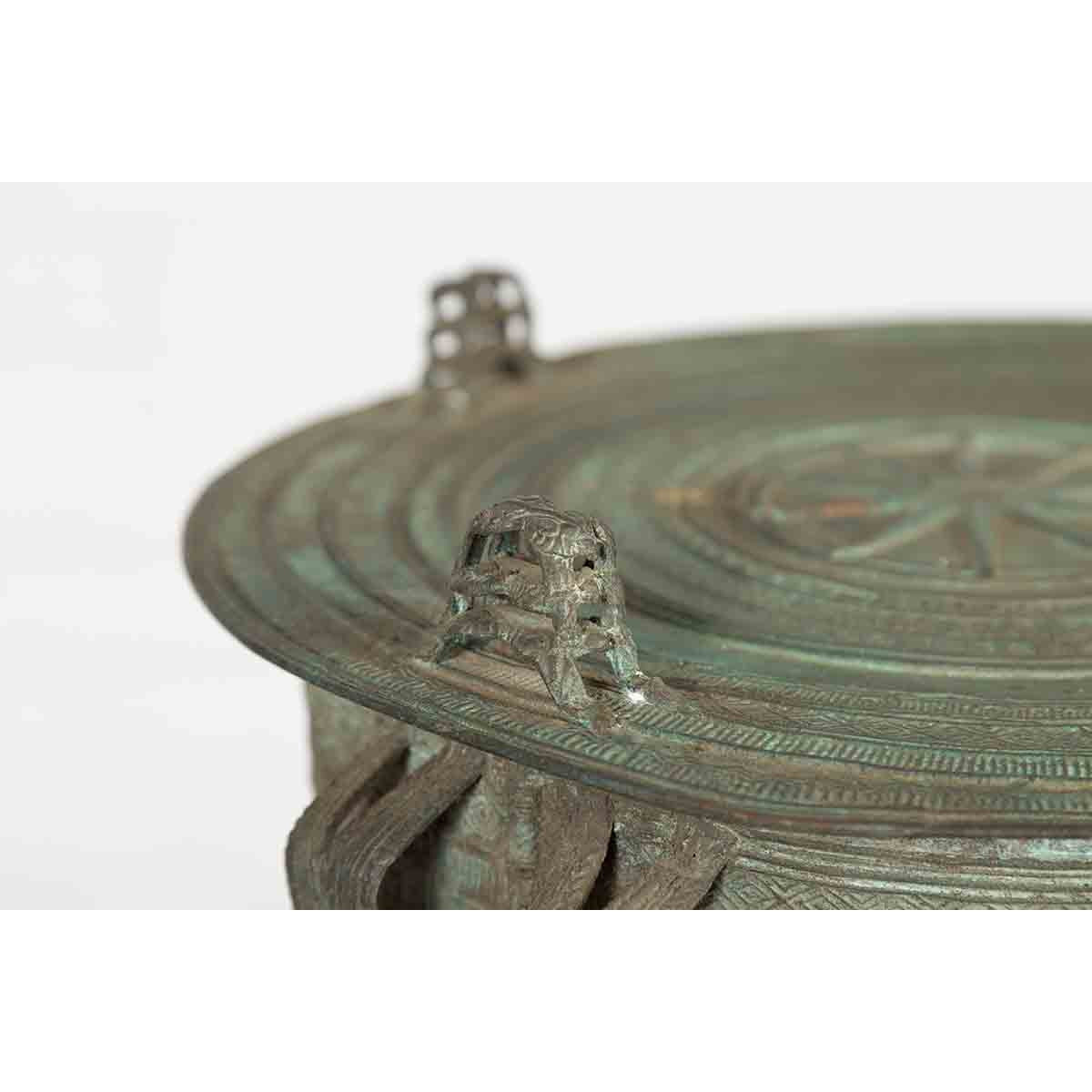 Laotian Style Vintage Bronze Rain Drum with Geometric Motifs and Verde Patina-9. Asian & Chinese Furniture, Art, Antiques, Vintage Home Décor for sale at FEA Home