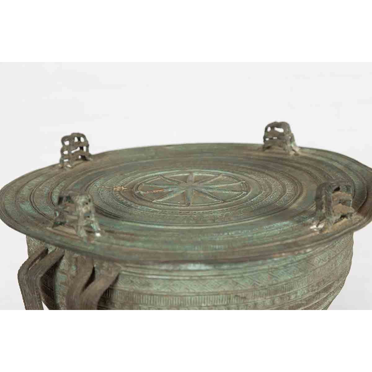 Laotian Style Vintage Bronze Rain Drum with Geometric Motifs and Verde Patina-10. Asian & Chinese Furniture, Art, Antiques, Vintage Home Décor for sale at FEA Home