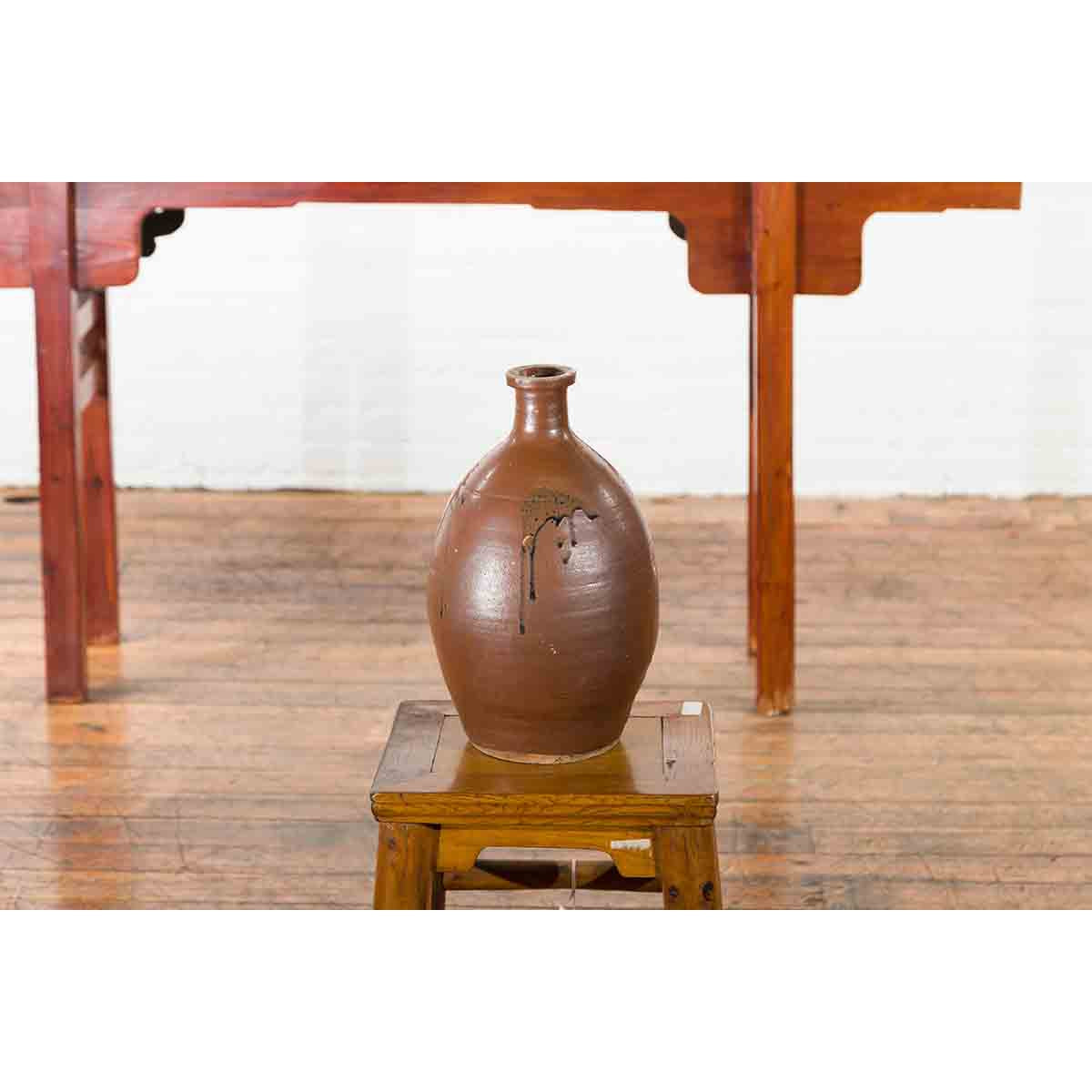 Japanese Taishō Period 1900s Tamba Tachikui Ware Brown Sake Jar with Drip Glaze-6. Asian & Chinese Furniture, Art, Antiques, Vintage Home Décor for sale at FEA Home